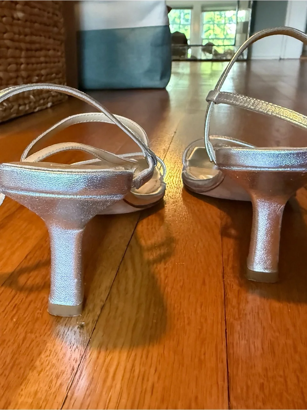 Aeyde Elise Silver Strappy Mid-Heel Sandals
